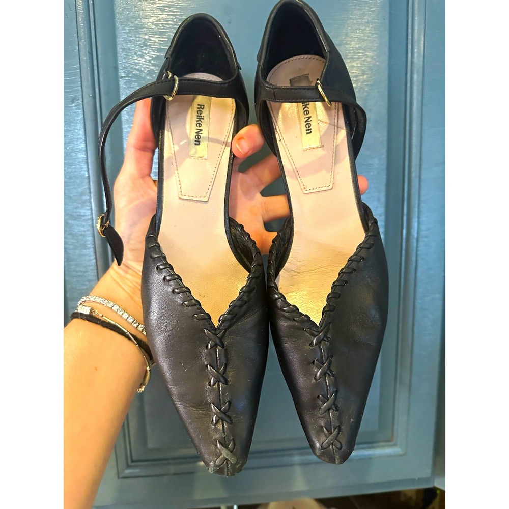 Reike Nen Black Leather Pointed Toe Ankle Strap Buckle Block Heel Pumps 7 37